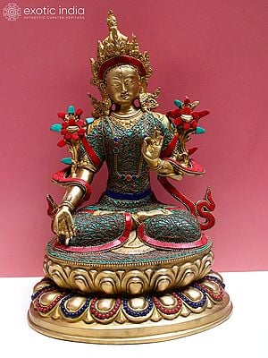 13" Brass Goddess White Tara with Inlay Work