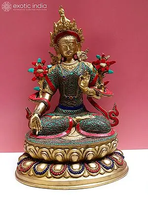Goddess White Tara Brass Sculpture with Detailed Inlay Work