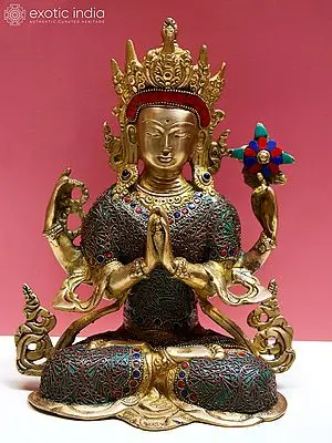 10" Brass Chenrezig Statue with Gemstone Inlay
