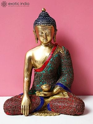 8" Brass Bhumisparsha Buddha Inlay Work