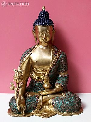 9" Brass Medicine Buddha with Inlay Work