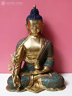 9" Brass Medicine Buddha Statue with Inlay Work