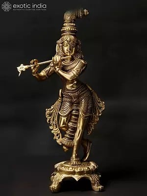 10'' Shri Krishna Playing Flute on Chowki | Brass Statue