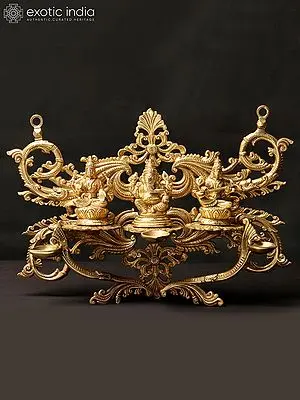 14'' Alluring Lakshmi Ganesha Saraswati Wall Hanging With Dipam | Brass