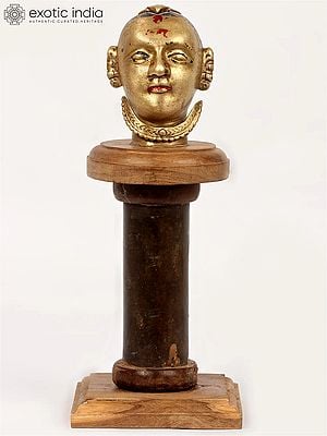 11" Brass Gauri Head (Devi Parvati) on Wooden Stand