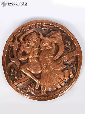 10" Copper & Wood Dancing Radha Krishna Wall Hanging