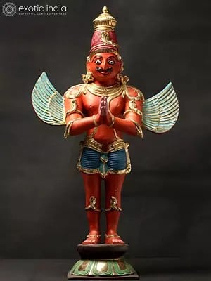 22" Standing Lord Garuda In Traditional Colours | Brass