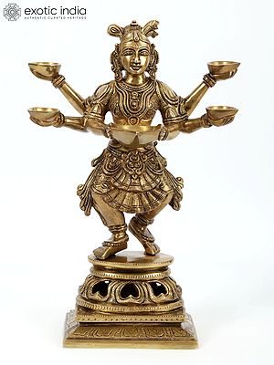 14'' Standing Goddess Deep Lakshmi (Paavai Vilakku) With Multiple Wicks | Brass