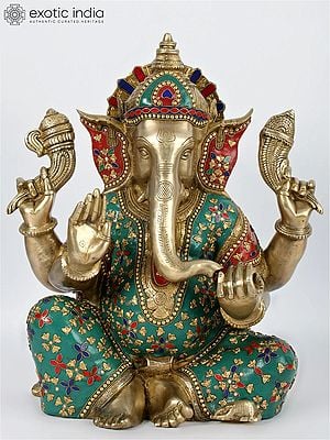 19'' Seated Ganesha With Colorful Stone Work | Brass