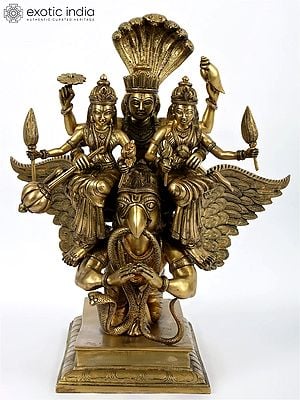 18'' Sridevi Bhudevi Vishnu Seated On Garuda | Brass