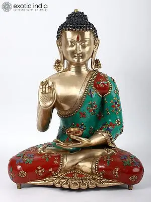 19" Brass with Stone Work Tibetan Buddhist Preaching Buddha