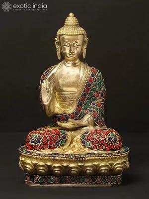 8'' Seated Vitarka Mudra Buddha | Brass With Inlay Work