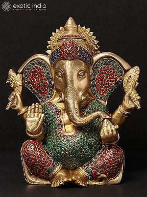 11'' Four-Handed Blessing Ganesha | Brass With Inlay Work