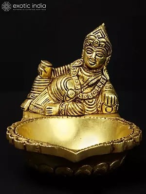 5'' Hindu God Kubera With Oil Lamp | Brass