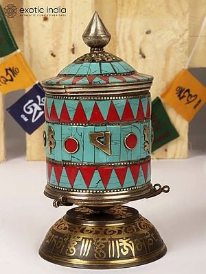 6'' Rotating Prayer Wheel on Base with Inlay Work | Brass with Inlay Work | From Nepal