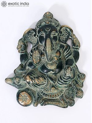 7" Brass Chaturbhuja Lord Ganesha Seated on Mushak | Wall Hanging Idol