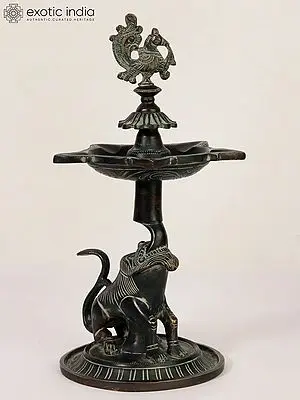 12" Brass Five Wicks Designer Peacock Lamp on Lion Base