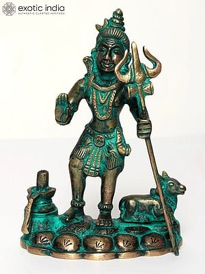 6" Standing Lord Shiva in Blessing Gesture with Nandi and Shivalinga | Brass Statue