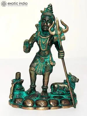 6" Standing Lord Shiva in Blessing Gesture with Nandi and Shivalinga | Brass Statue