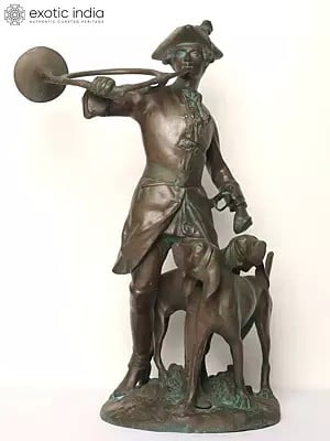 25" French Huntsman Brass Statue With Hounds