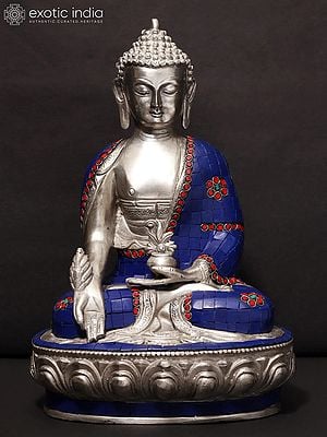 12" Medicine Buddha Brass Statue with Stone Work