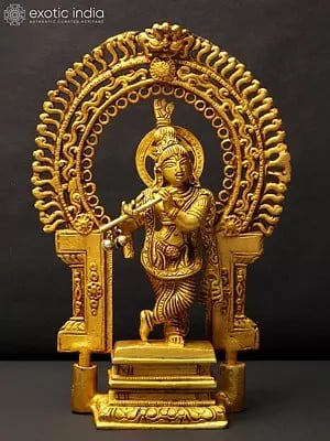 8" Brass Lord Krishna Idol Playing Flute on Kirtimukha Pedestal