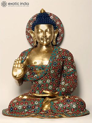 36" Large Sitting Lord Buddha in Vitark Mudra | Brass with Inlay Work