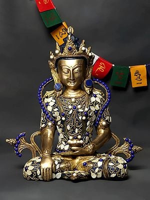 10" Tibetan Buddhist Crowned Buddha Brass Statue with Inlay Work
