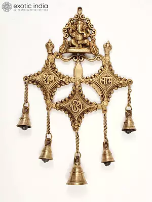 15" Brass Lord Ganesha Wall Hanging with Bells