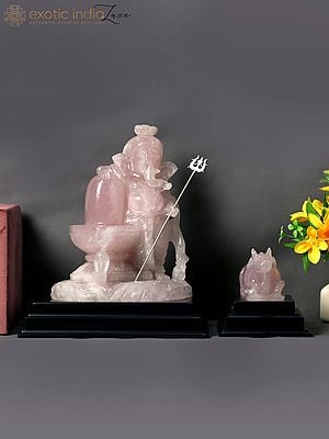 14" Rose Quartz Lord Ganesha Holding Shivalinga and Trishul with Nandi | Gift Box