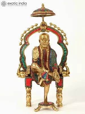 22" Blessing Sai Baba Seated on Throne | Brass Statue with Inlay Work