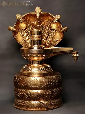 Shivalingam with Five Hooded Crowning Serpent Bronze Statue