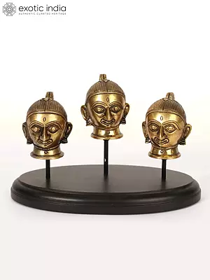 9" Gauri (Parvati) Heads in Brass on Wooden Base