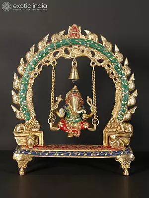 15" Lord Ganesha Brass Idol on Swing with Inlay Work