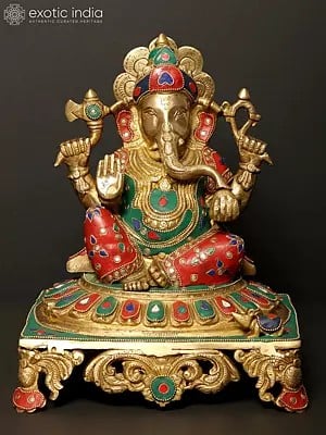 13" Four Armed Lord Ganesha Idol Seated on Pedestal | Brass Statue with Inlay Work