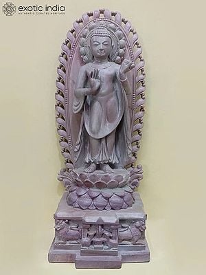 11" Standing Lord Buddha Statue in Blessing Gesture | Pink Serpentine Stone