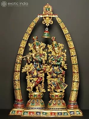 45" Identical Radha-Krishna Statues Within an Aureole Engraved with Krishnaleela Episodes