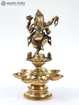 12" Brass Nritya Ganesha Statue on Seven Wicks Oil Lamp