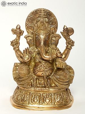 9" Chaturbhuja Lord Ganesha Brass Idol Seated on Pedestal