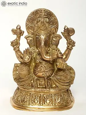9" Chaturbhuja Lord Ganesha Brass Idol Seated on Pedestal