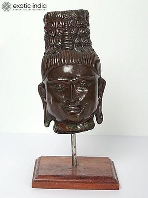 11" Buddha Head Statue On Wooden Stand