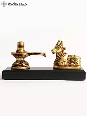 6" Small Shivalinga with Nandi Statue on Wooden Base
