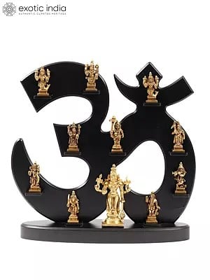 14" Brass Dashavatara Statue Set with Om Shape Wooden Frame