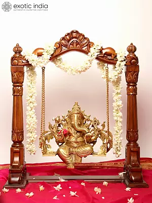 25" Lord Ganesha Brass Statue on a Wooden Swing