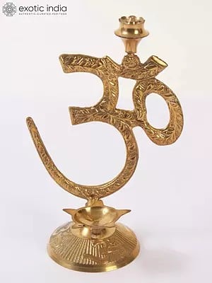 6" Brass Om Stand with Diya and Incense Holder