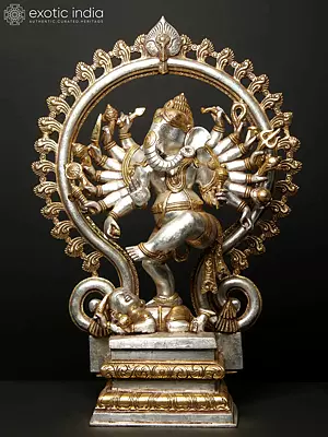 26" Gold and Silver Sixteen Armed Dancing Lord Ganesha Brass Statue