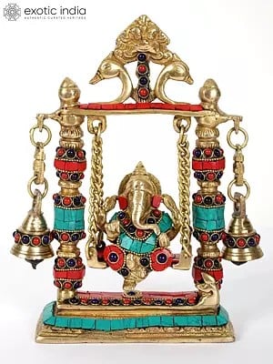 9" Lord Ganesha on Swing With Bells | Brass Statue with Inlay Work