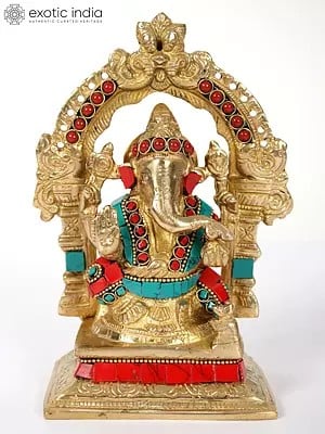 7" Chaturbhuja Ganesha Idol with Kirtimukha Arch | Brass Statue with Inlay Work