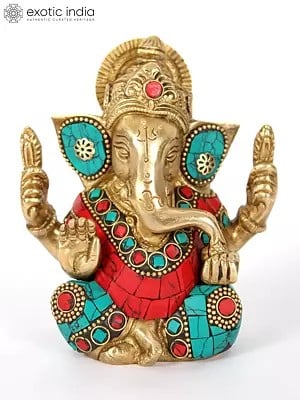 4" Small Brass Lord Ganapati with Inlay Work