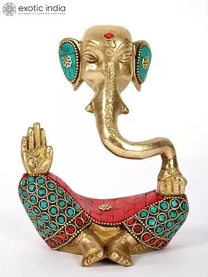 6" Stylized Brass Ganesha with Inlay Work